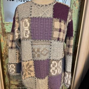 Vintage Hand knit Cozy Patchwork Knit Sweater - Purple and Gray
